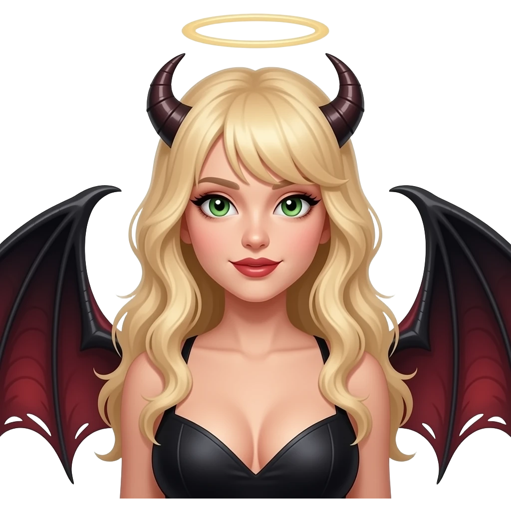 Make an emoji of a cute, busty, green eyes, blond hair (no bangs) white girl with an angel halo, but devilish and dark everywhere else with dragon wings emoji