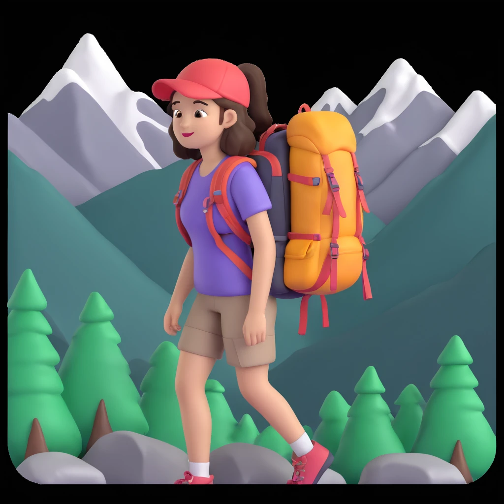 portrait of girl back packing mountains in background, close up pose emoji