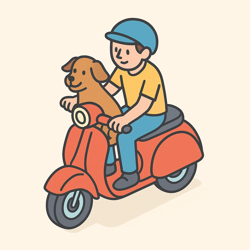 man and his pet dog riding a vespa emoji