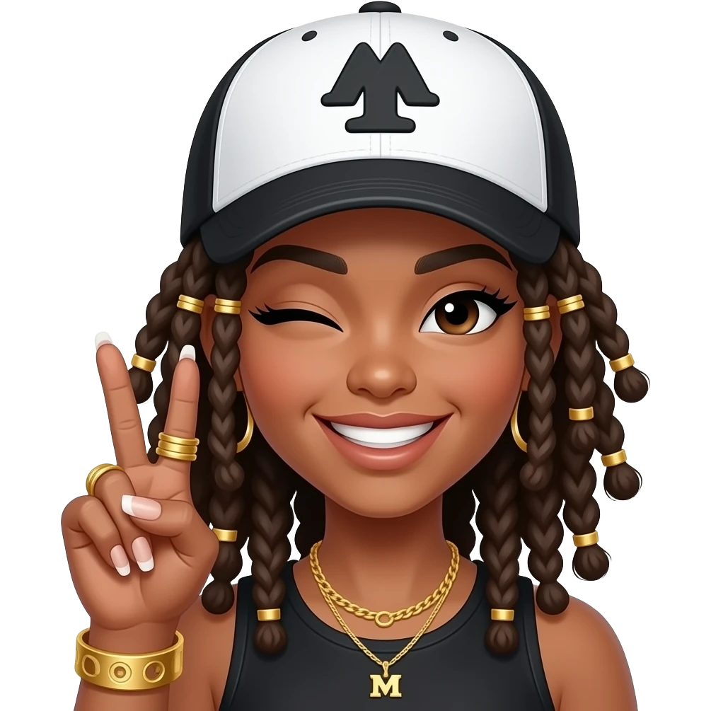 girl wearing a black & white trucker cap plain dreads,curly ends, gold hair charms & accessories. big sneaky smile winking with eyes closed. hand doing the period hand gesture, long nails French manicure, gold M ring,  gold thumb ring, had a gold bangle bracelet baddie energy emoji