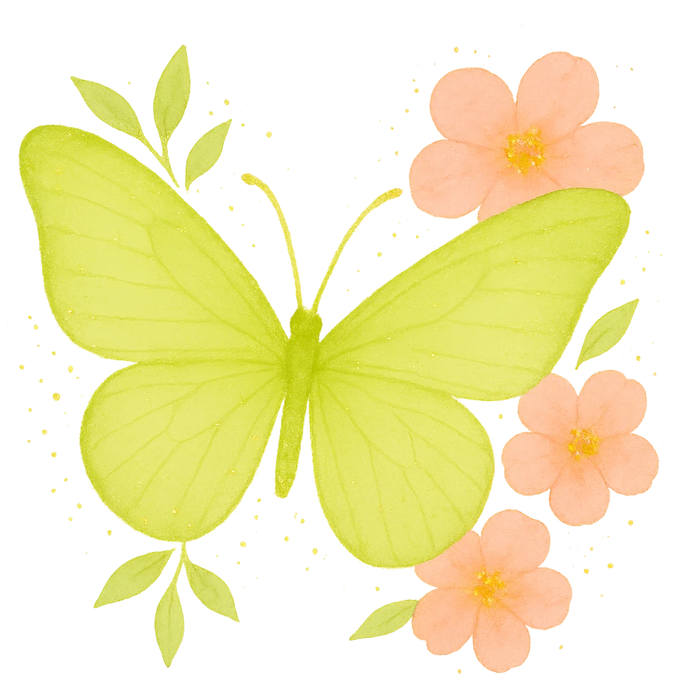 Create a one-to-one butterfly and flowers as in the example image. The butterfly is green (#c0ff53). The number and placement of flowers are the same as in the example, all flowers are neon pink. Add more sparkle, glow, and subtle gold details. Use watercolor art style with no background. emoji