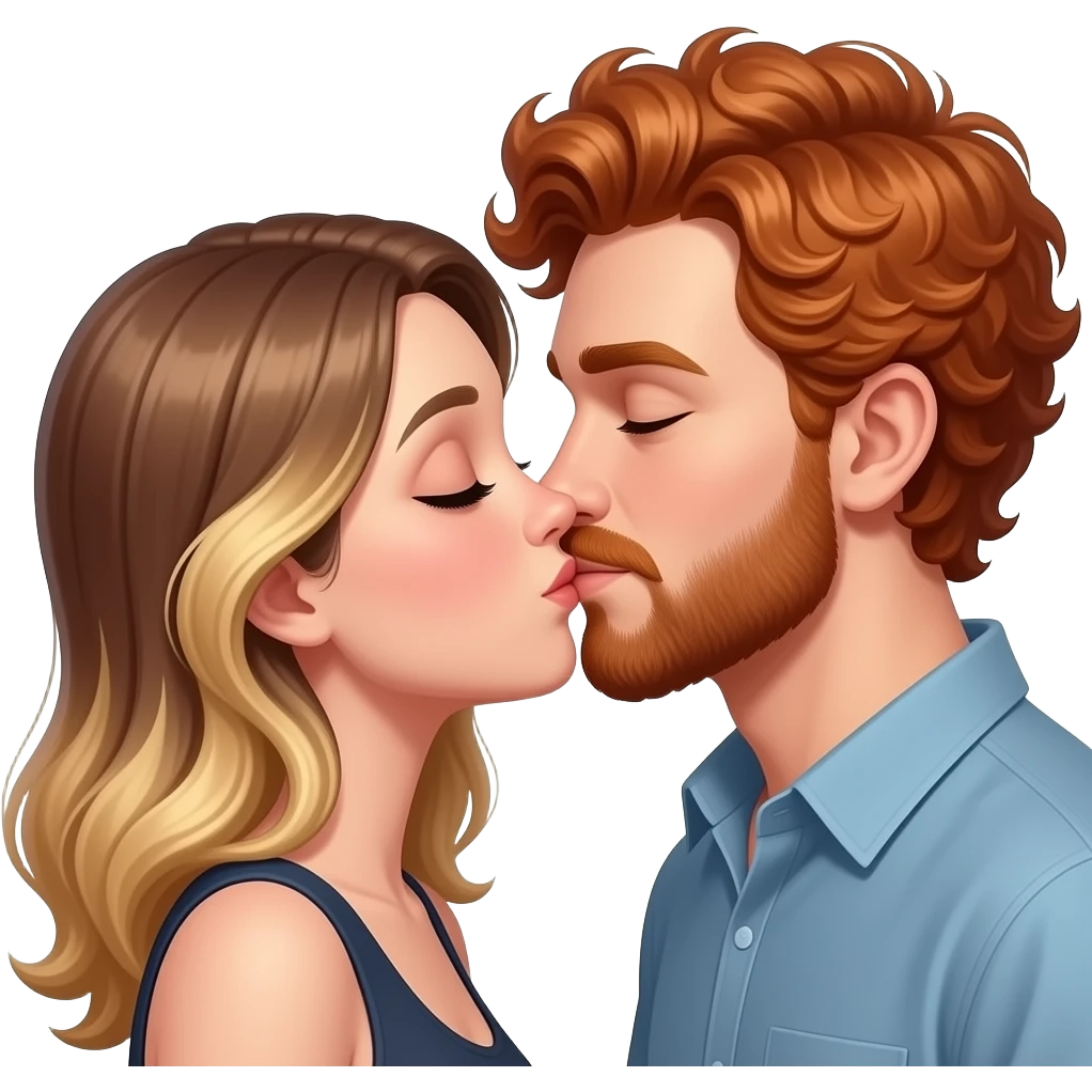 👩🏽‍❤️‍💋‍👨🏻 la fille a légèrement le teint plus clair les cheveux avec des reflets blond sur les longueurs  le garcon est roux avec les cheveux bouclés il a une moustache et un bouc emoji