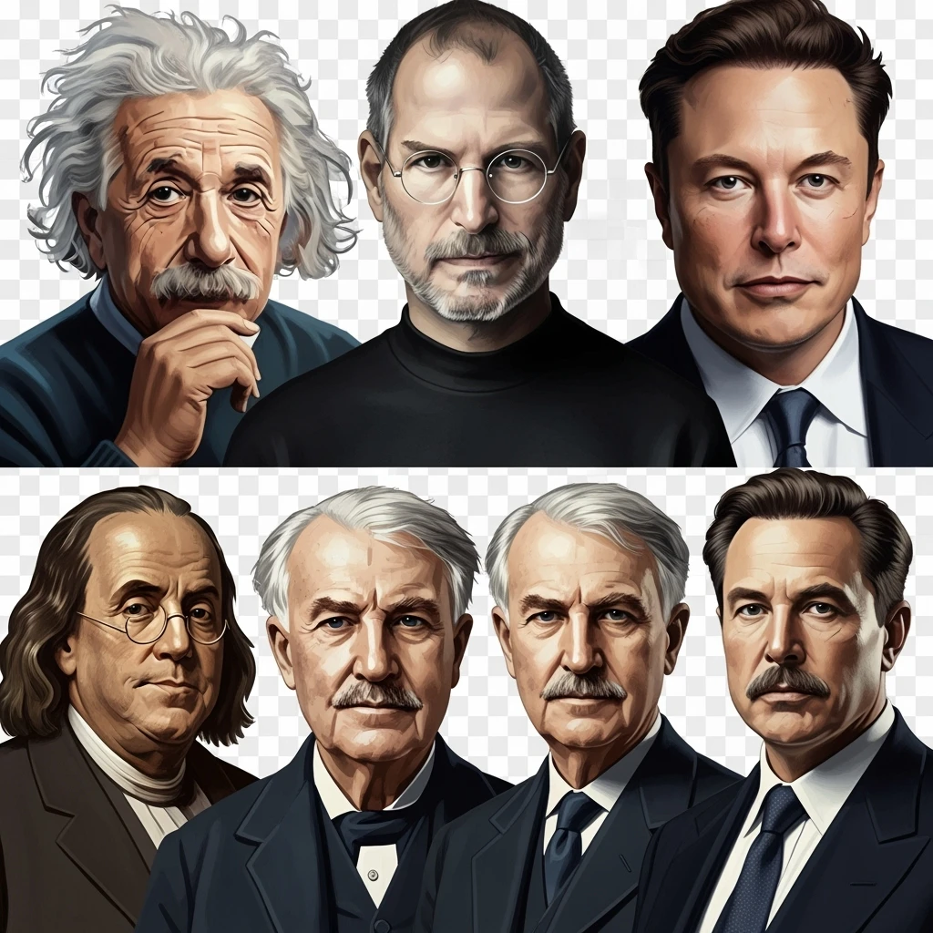 Generate in realistic style Franklin, Edison, Ford in the first row, Einstein, Jobs and Musk in the second behind them. png on transparent background emoji