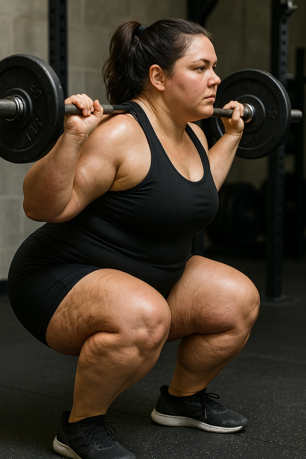 donna grassa con lipedema alle gambe che fa uno squat di profilo con bilanciere, IPERREALISTICA 4K emoji