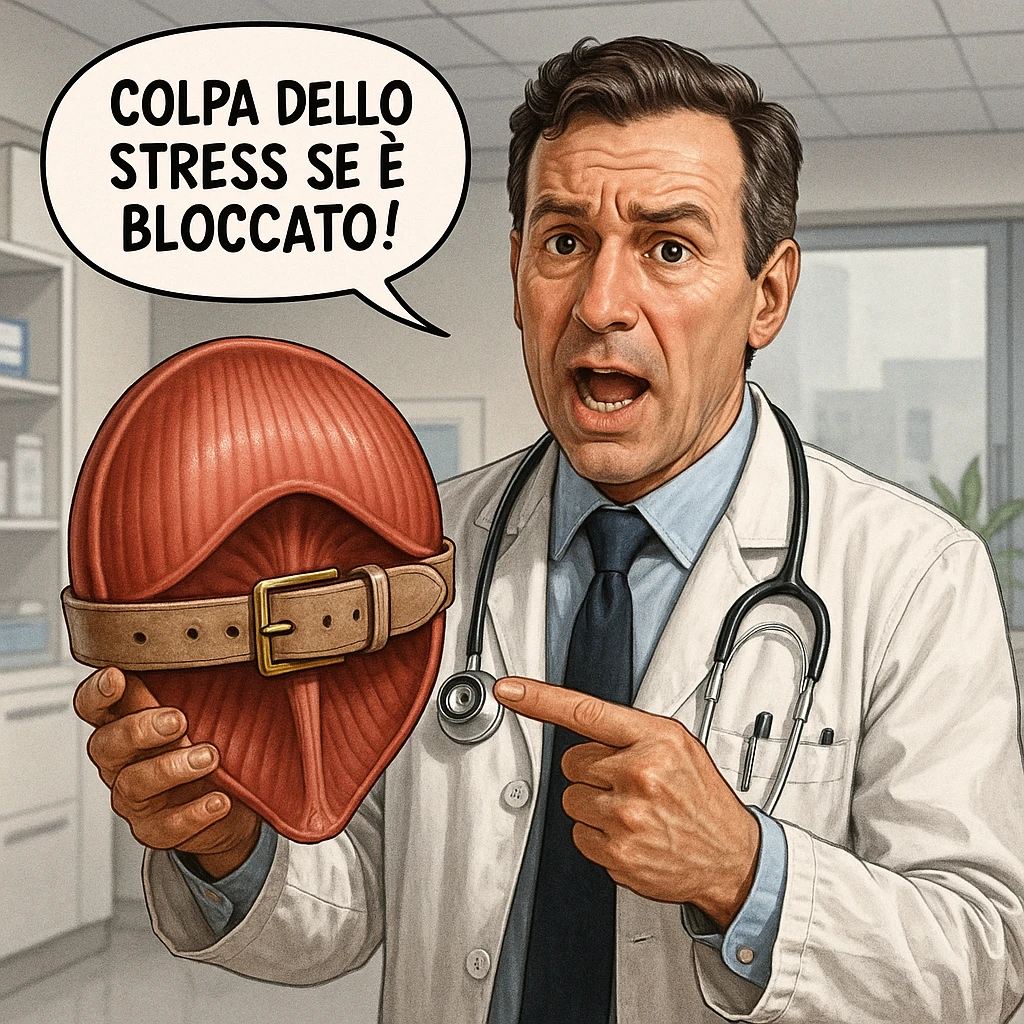hyper realistic doctor holding a diaphragm locked by a tight belt, explaining expression, comic with the phrase 'Colpa dello stress se è bloccato!', realistic details, modern clinical environment emoji