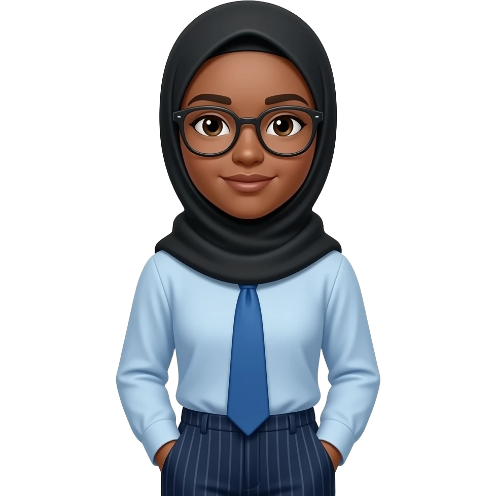 make someone who u think is aala, make her wear a black hijab, blue tie, wearing light blue shirt, dark blue pants with stripes, dark-ish skin and glasses emoji