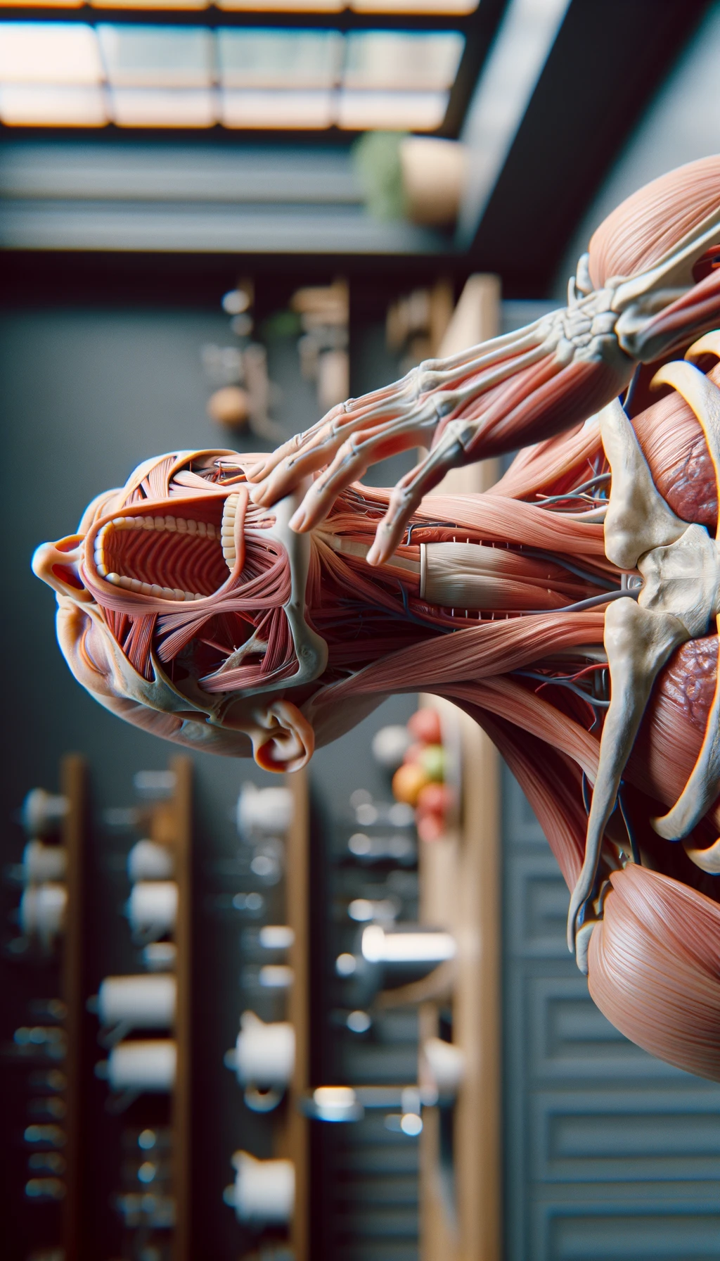 corpo umano anatomico che prende un forte respiro con la bocca tutta aperta, sfondo  della sua cucina sfocata in sottofondo, iperrealistico 4k emoji
