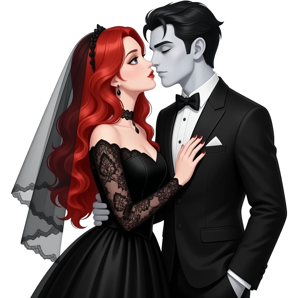Vampiro femmina adolescente con capelli lunghi rosso fuoco ondulati con pelle bianca che indossa un vestito da sposa lungo con le maniche lunghe e nero e il velo nero con le ginmiciu nereche si sta sposando con il suo ragazzo VAMPIRO con la pelle chiara e si stanno baciando emoji