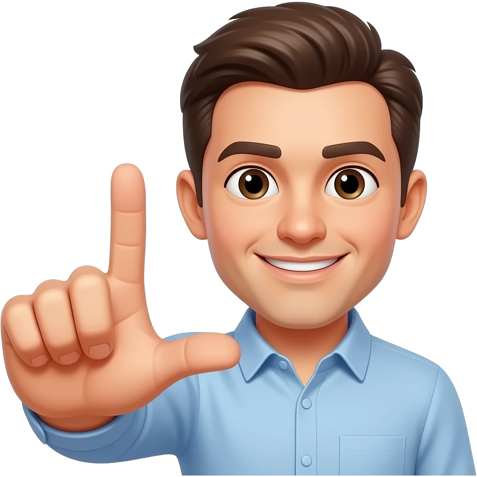 emoji index finger pointing straight up and the thumb extended horizontally at a 90-degree angle, forming a clear capital letter 'L' shape. The middle, ring, and pinky fingers are curled tightly into the palm. The person has a playful, smirking expression, looking directly at the camera. emoji