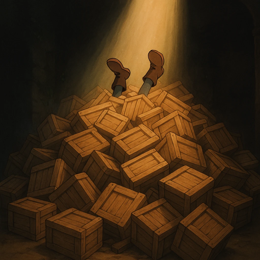 A pile of small oblong crates hidden in a dark area with a beam of light shining from above, with someone’s boots sticking out like they dove in emoji
