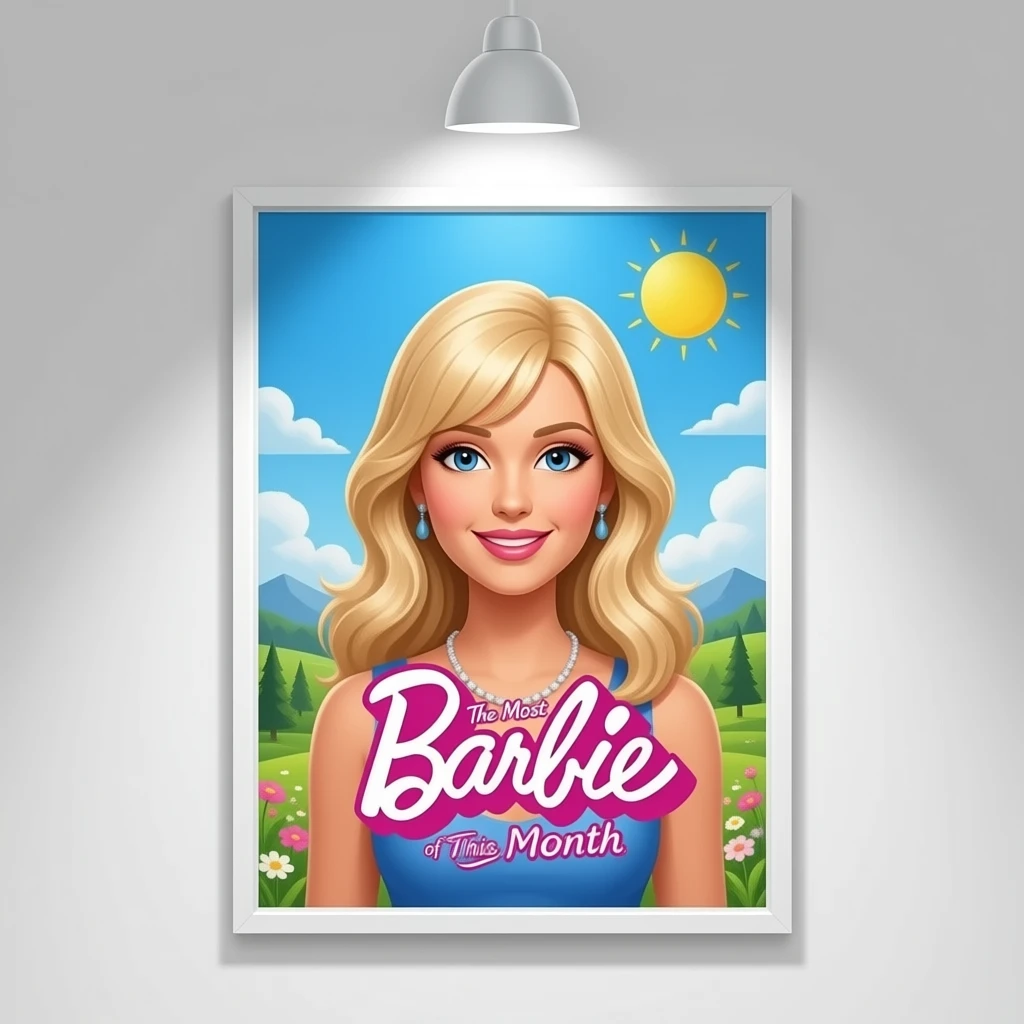 A dramatic wall display with a spotlight shining on a poster titled “The Most Beautiful Woman of This Month”  inspired by Barbie colour palette emoji
