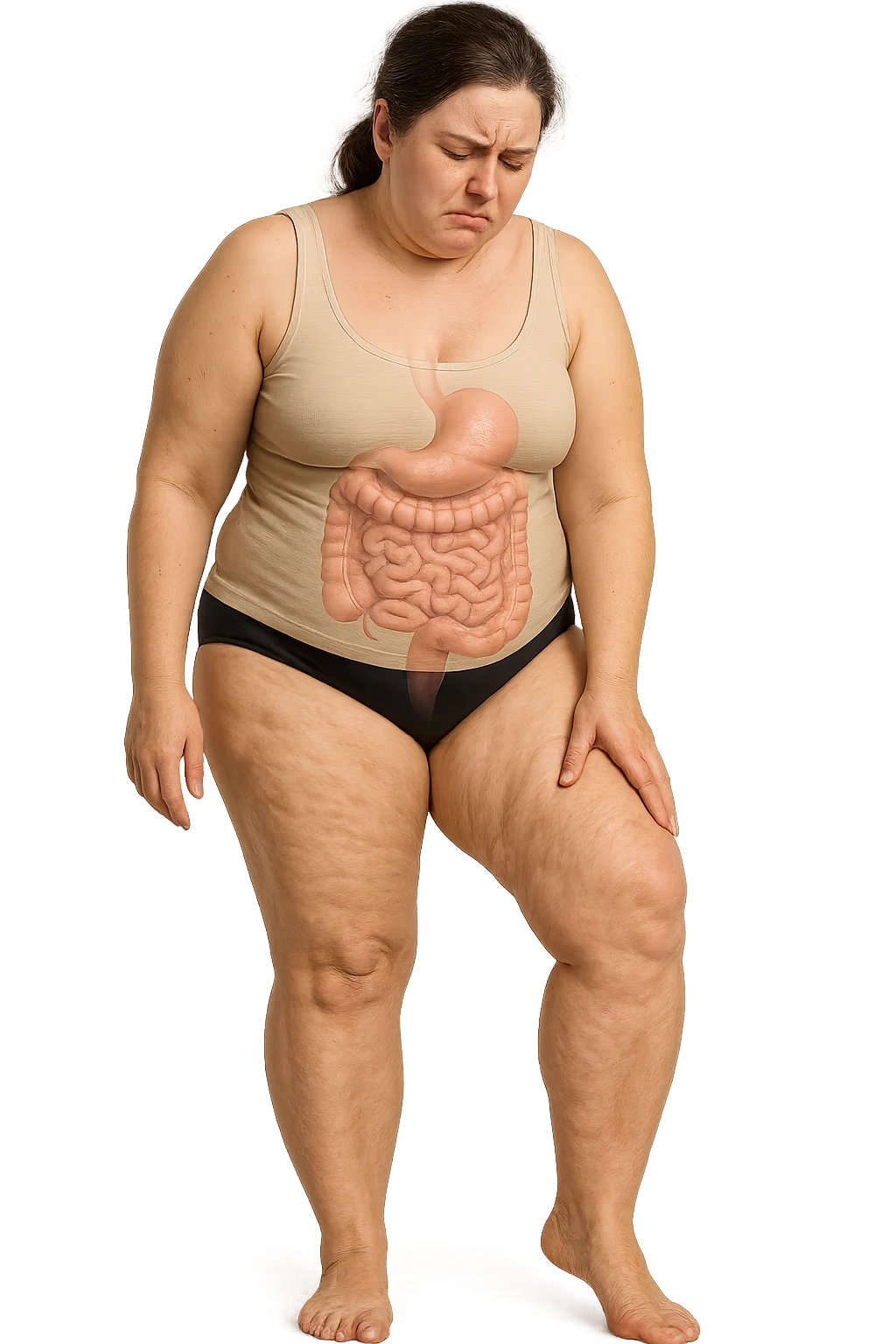 DONNA REALISTICA A FIGURA INTERA CON CELLULITE E GAMBE PESANTI E DOLORANTI, INTESTINO ANATOMICO IN EVIDENZA, CELLULITE VISIBILE, SI TOCCA LA GAMBA CON ESPRESSIONE DI FASTIDIO IN VOLTO, IPERREALISTICA 4K emoji