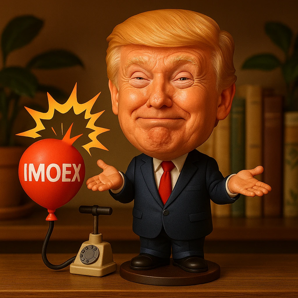 Точно такой же Дональд Трамп с точно такими же вещами как на картинке разводит руками с улыбающимся лицом, а шарик MOEX взрывается, мол извините emoji