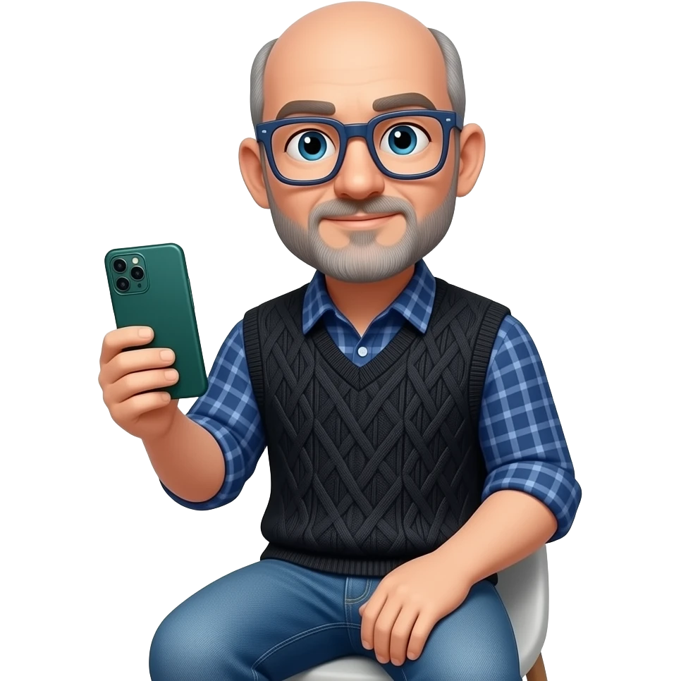 Señor sentado orejas grandes gafas cuadradas azul oscuras y un poco de barba gris y casi calvo con algún pelo canoso Está con un Samsung a54 de funda verde azulada oscura y una camisa azul marino con líneas a cuadros encima un chaleco tipo jersey de algodón cerrado negro y vaqueros azules. emoji