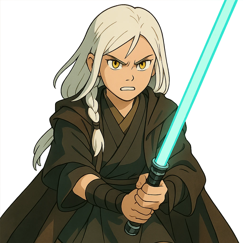  a closeup portrait of young woman with gold yellow eyes, white hair, long braid, black off-shoulder top, punk gothic style, futuristic cyberwave cyberpunk,  jedi attire and posture robes of a padawan, foreweilding a bright blue-green lightsaber, angry fierce face expression, power stance, 30-90 emoji