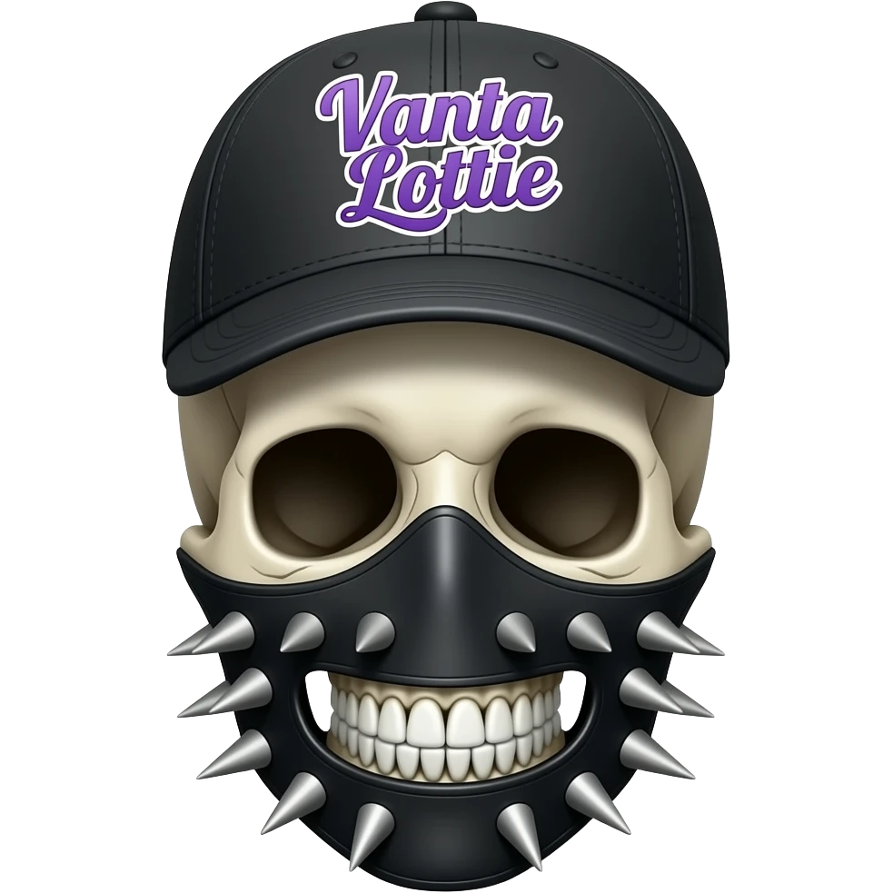 A skeleton head thats wearing a black baseball cap that says "Vanta Lottie" with purple lettering and white bordering, with no hair, with a black mask that has spikes on the mask over the teeth area emoji
