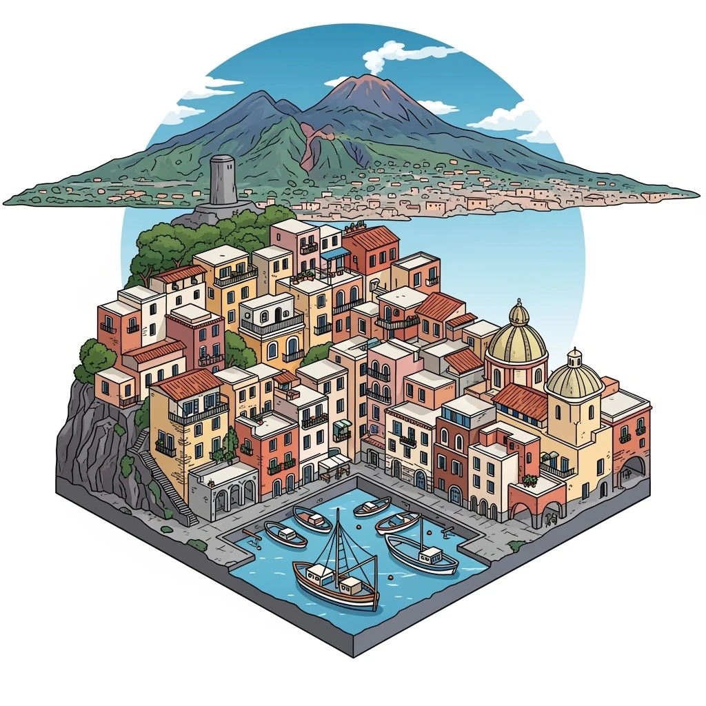 Isometric illustration of Naples, featuring colorful stacked coastal houses and Mount Vesuvius in the background, highly detailed in semi-realistic style with sharp outlines, balanced between stylized and realistic, 3D miniature effect, transparent background. emoji