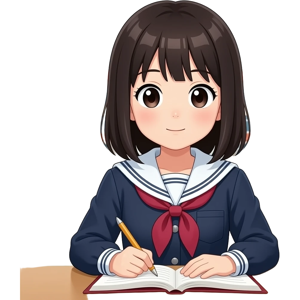 Japanese high school girl studying with blushing face behind school building emoji
