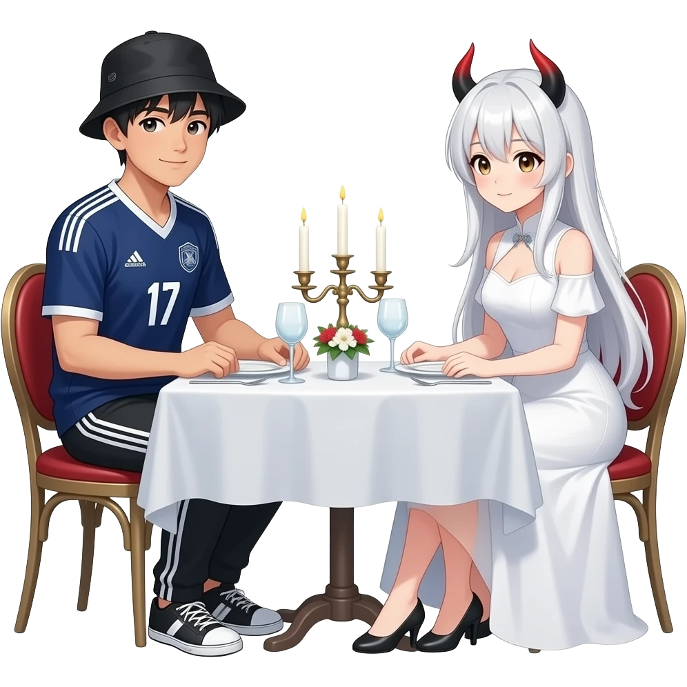 romantic date at a dinner table. The guy is asian an wears a black fishing hat and a dark blue soccer tricot. The girl is dressed as an anime girl with a white wig, white dress and black-red horns emoji