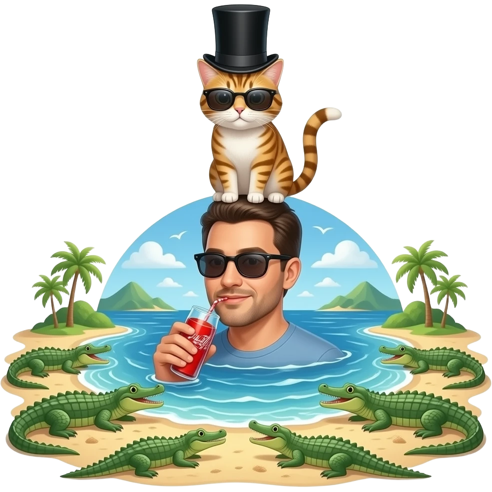 cat with a tophat with sunglasses on a beach but the beach is the top of someones head and that head is drinking soda from an ocean of soda and the head is surrounded by alligators with islands on their back emoji