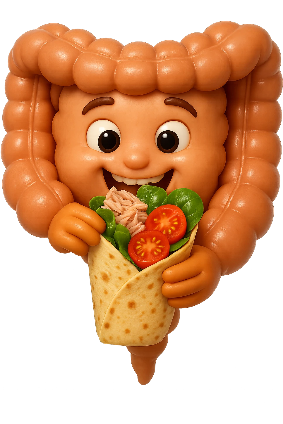 EMOJI STILE IPHONE DI un intestino che mangia una piadina con tonno, valeriana e pomodorini, iperrealistica 4k emoji