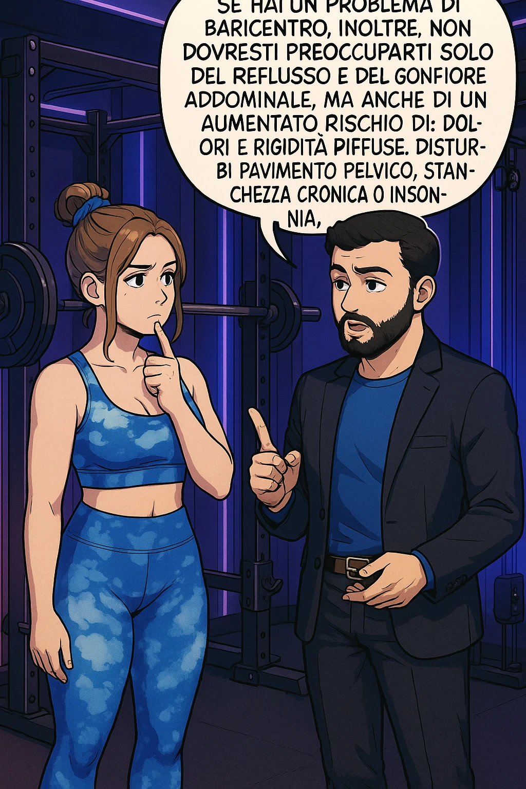 TRASFORMA QUESTO CAROSELLO IN UN FUMETTO STILE WEBTOON/MANGA A COLORI CON QUESTE DUE PERSONE IDENTICHE CHE INTERLOQUISCONO TRA LORO, L'uomo sta spiegando alla donna questo concetto MENTRE LA DONNA SI TIENE L'INDICE SUL MENTO ASCOLTANDOLO PENSIEROSA:

Se hai un problema di baricentro, inoltre, non dovresti preoccuparti solo del reflusso e del gonfiore addominale, ma anche di un aumentato rischio di:
    • dolori e rigidità diffuse
    • disturbi pavimento pelvico
    • stanchezza cronica o insonnia
    • inestetismi visibili, come celluluite
    • etc… emoji