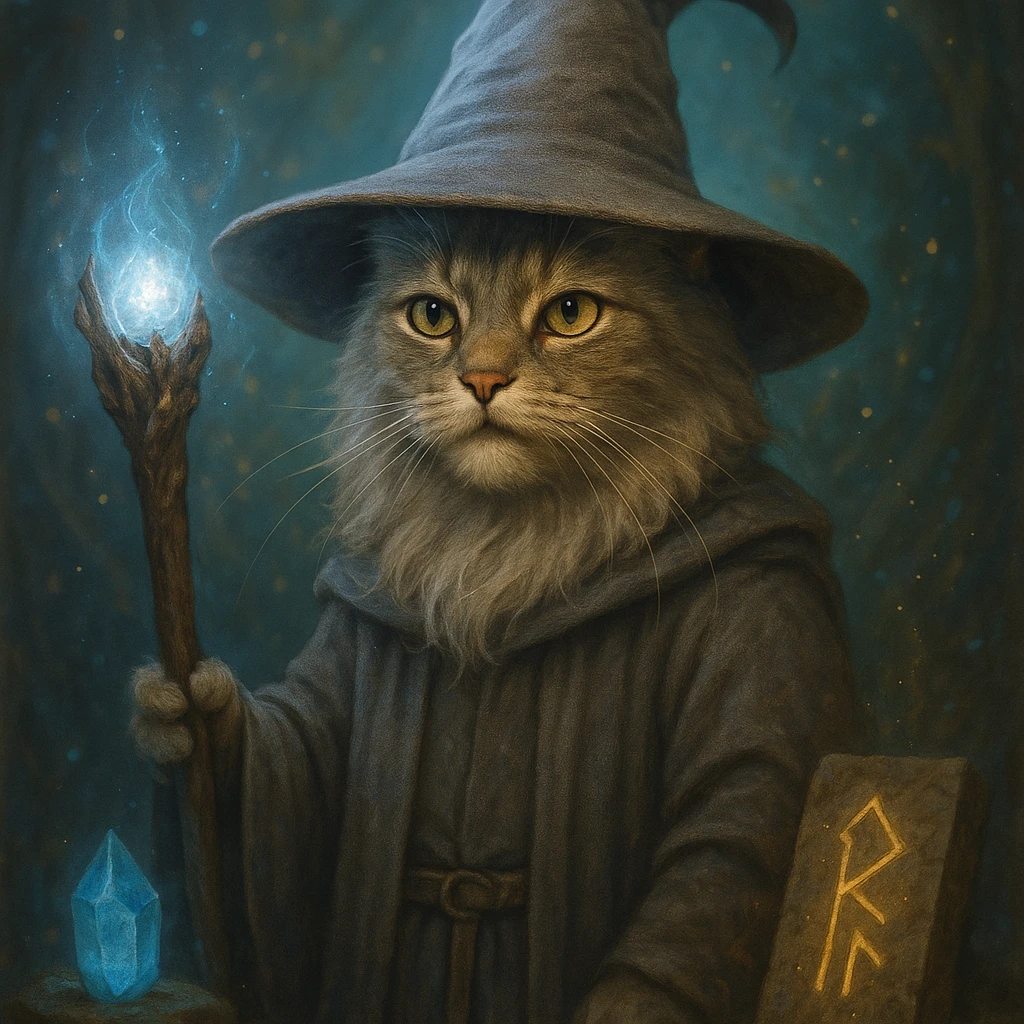 cat dressed as Gandalf, with wise expression and magical accessories emoji