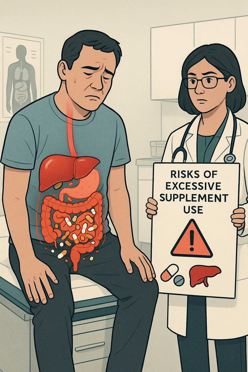 a man sits on a doctor’s examination table, looking fatigued and uncomfortable. A transparent anatomical overlay reveals his liver and intestines, both appearing inflamed and congested, with stylized supplement capsules and pills scattered throughout the digestive tract. The doctor stands nearby, holding a chart that highlights the risks of excessive supplement use. The mood is clinical and educational. emoji