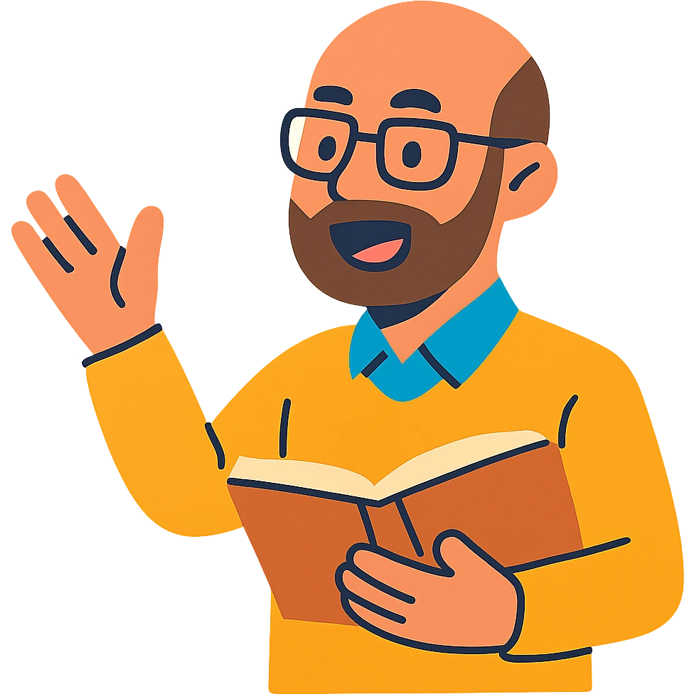 bald teacher with a short beard and glasses gesturing while teaching emoji