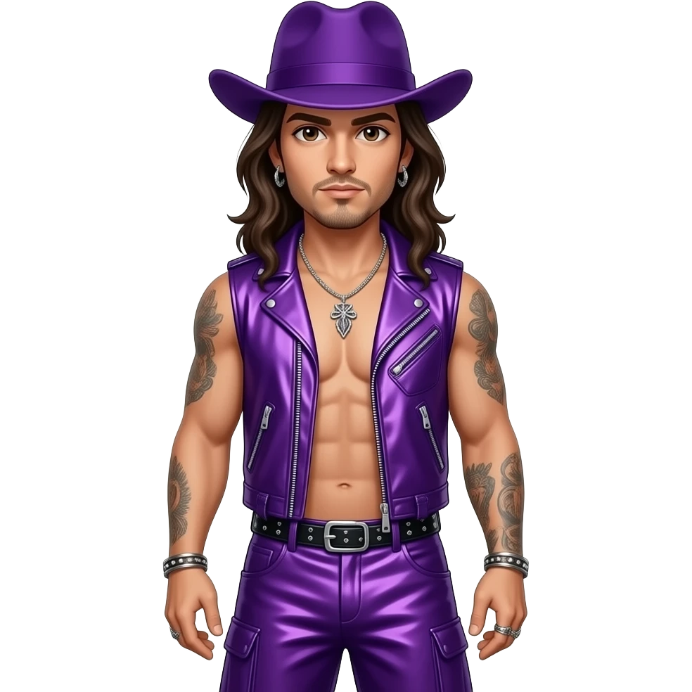 Jonathan Davis with long dark brown hair, brown eyes, purple hat, purple metallic vest, purple metallic baggy loose pants, shirtless with necklace and earrings emoji