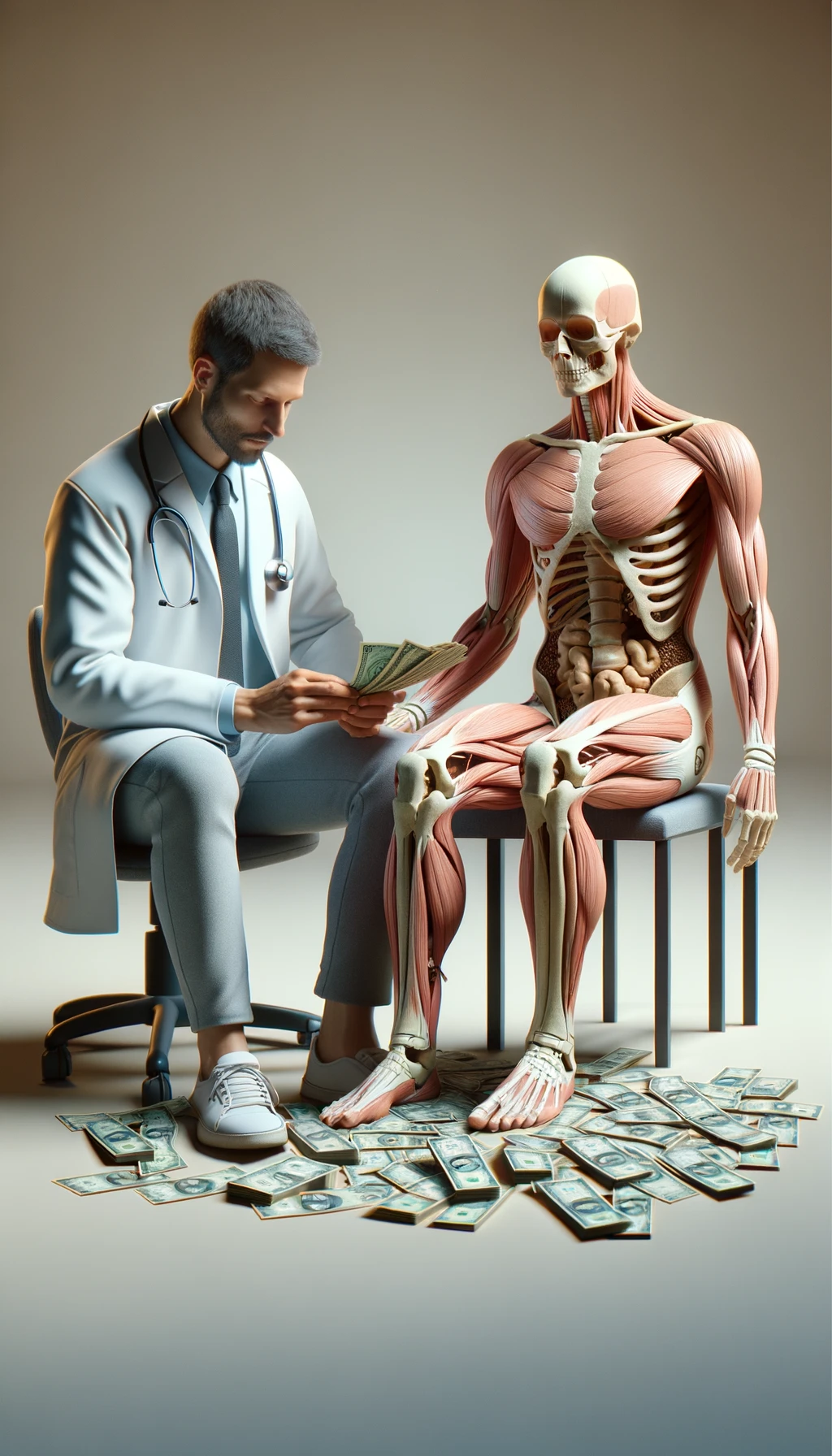 corpo umano anatomico seduto dal medico con una montagna di banconote ai piedi, con sfondo chiaro neutro, iperrealistico 4k emoji