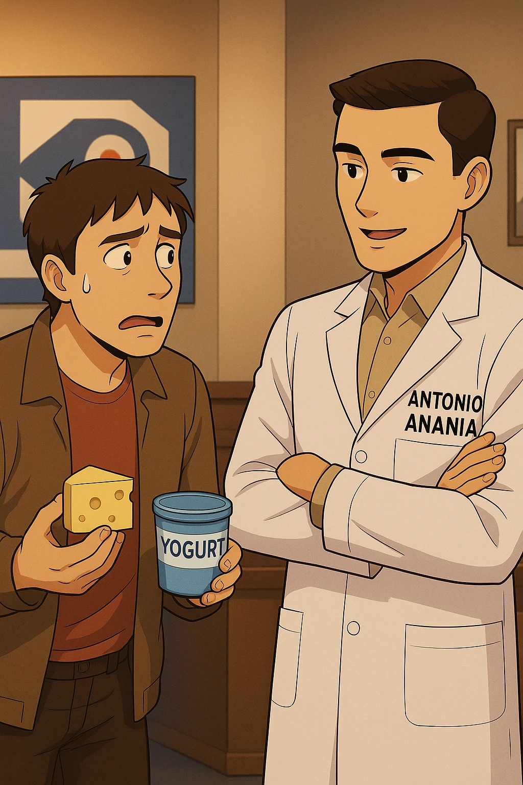 fai un webtoon manga a colori con questo stile, in cui un uomo fa una domanda al kinesiologo con il camice bianco (fagli anche la scritta "ANTONIO ANANIA" SUL CAMICE, l'uomo chiede una cosa mostrando un formaggio e uno yogurt al kinesiologo con il camice, IL KINESIOLOGO annuisce e SPIEGA ALL'UOMO UNA cos. L'UOMO ha un ESPRESSIONE CONFUSA IN VOLTO. non fare i fumetti però, fai solo in modo che sembri stiano parlando emoji