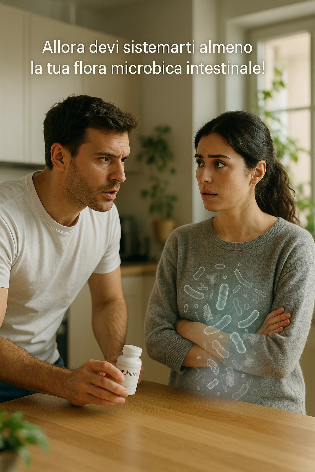 A hyper-realistic, cinematic photo of a young couple in their early 30s having a tense but calmer discussion in a bright modern kitchen. The man, fit, wearing a plain white T-shirt, holds a small probiotic supplement bottle in one hand, leaning slightly forward with a concerned yet firm expression, saying: 'Allora devi sistemarti almeno la tua flora microbica intestinale!' The woman, with dark hair in a loose ponytail, wearing a comfortable home sweater, stands with arms partially crossed, looking at him with a doubtful and confused expression, eyebrows slightly raised, lips parted as if about to respond but uncertain. Around them, faint translucent overlays of microscopic gut flora and bacteria symbols swirl softly near the woman’s abdomen, symbolizing the issue of her imbalanced gut microbiome. The kitchen is bathed in warm natural light, with green plants adding a sense of health and life, while the couple remains in sharp focus. The color palette is warm, with soft shadows and shallow depth of field highlighting the emotional tension yet care in the conversation, visually representing the discussion about gut health within the relationship emoji