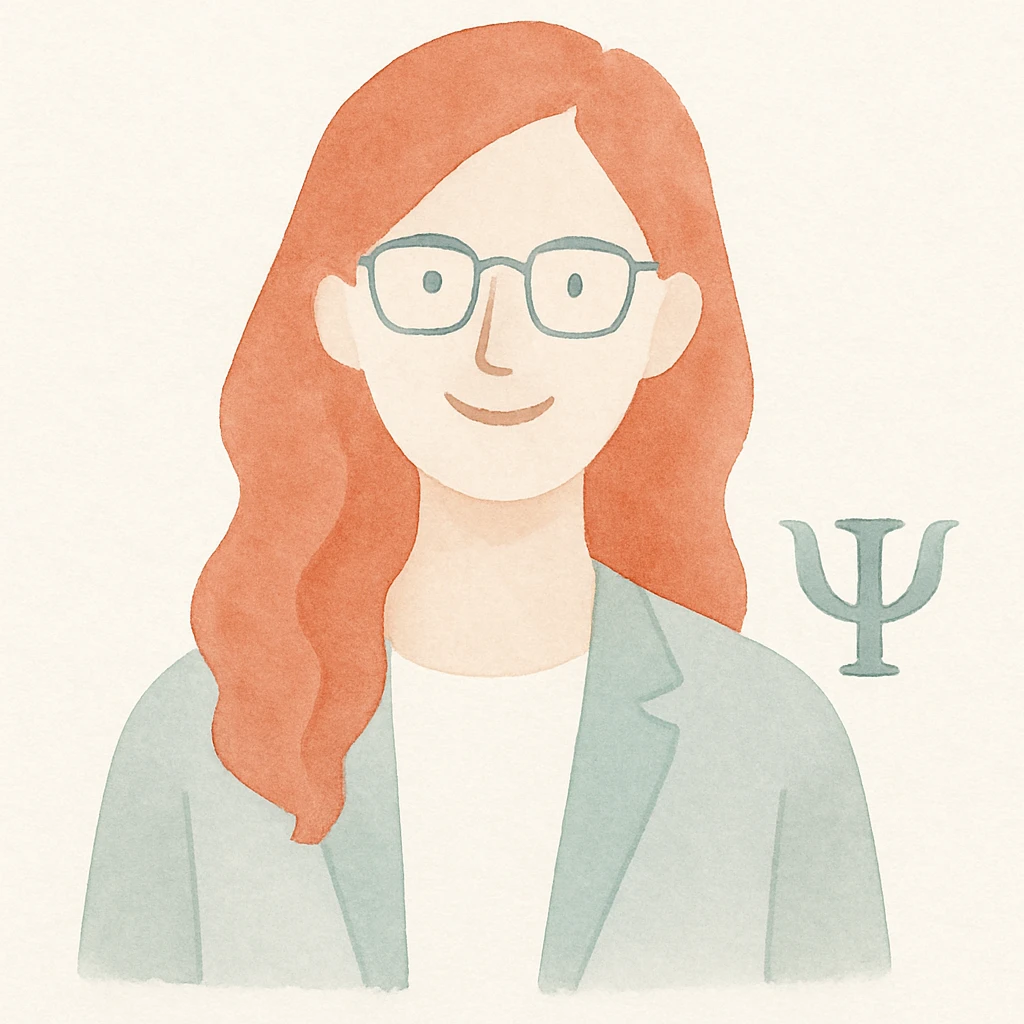 woman psychologist with red hair, smiling, soft watercolor style emoji