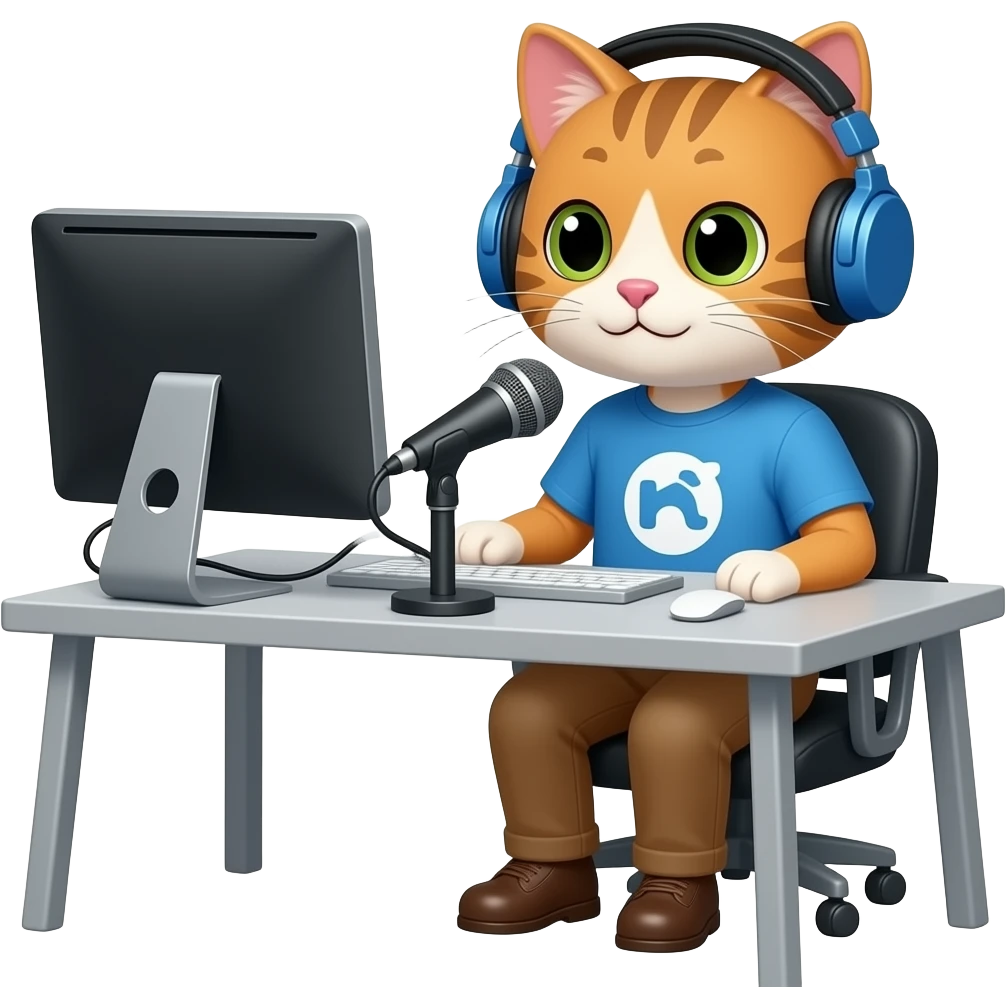 original Napster logo as the head of a cat podcaster sitting at desk with computer, microphone and headphones emoji