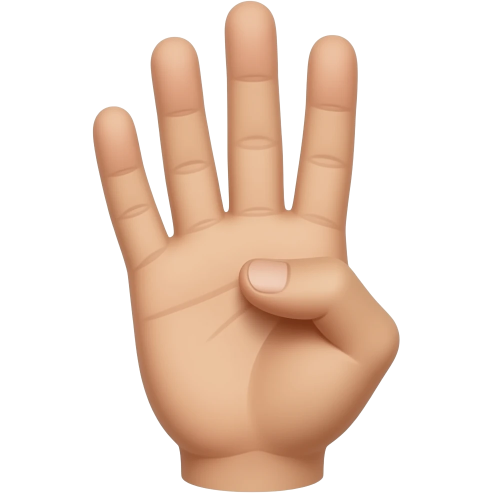 Close-up of a single human hand showing exactly three fingers: index, middle, and ring fingers up. The thumb and pinky (little finger) are curled completely down. Palm facing forward. Cartoon style. emoji