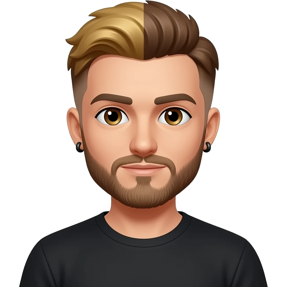 8-BitRyan with brown eyes, one side golden brown hair, one side buzz cut, brown short beard, black t-shirt, black earrings emoji