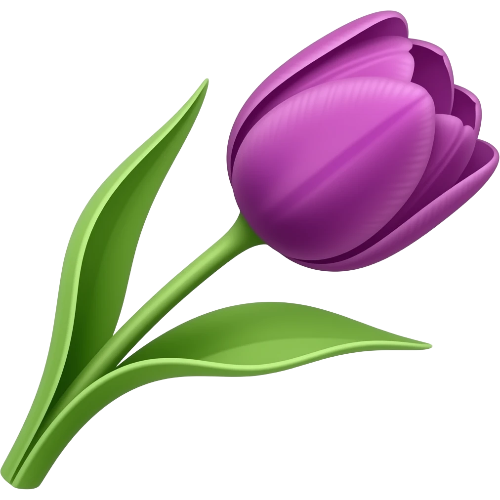 purple tulip with slightly tilted bud, with stem and two leaves, in slack emoji style emoji