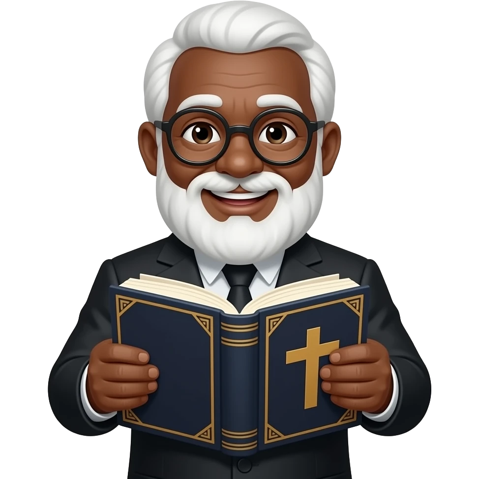 wise old man with white hair black skin glasses smile with book that has a cross on it emoji