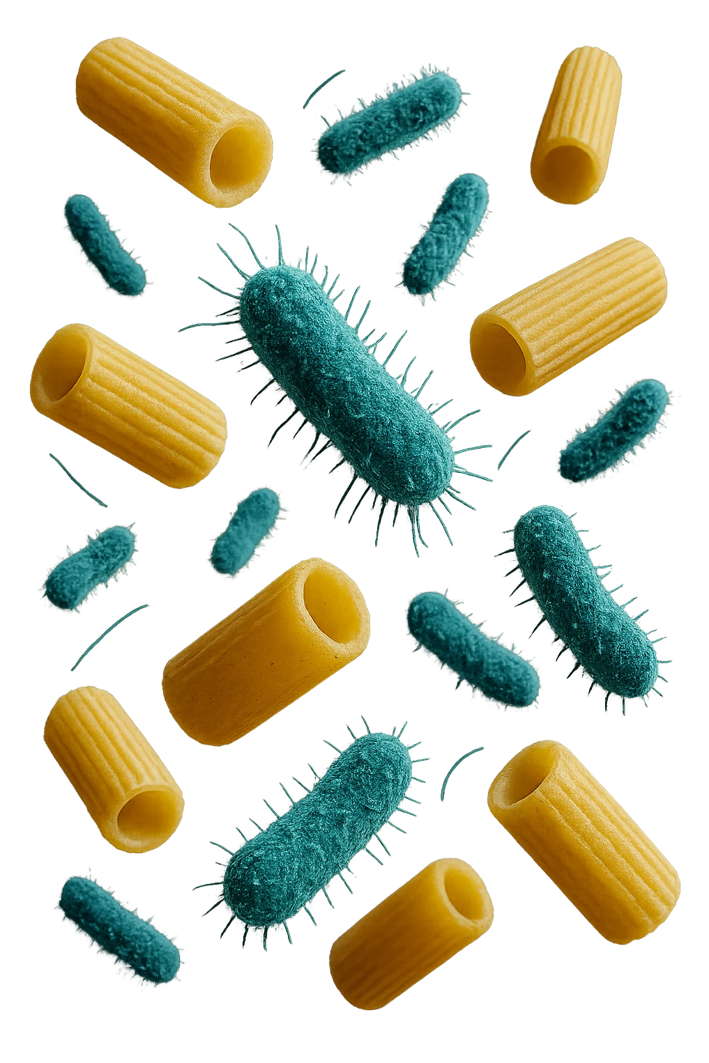 SEI BATTERI intestinALI FLUTTUANO IN ARIA CON PENNE DI PASTA RIGATE, IPERREALISTICO 4K emoji