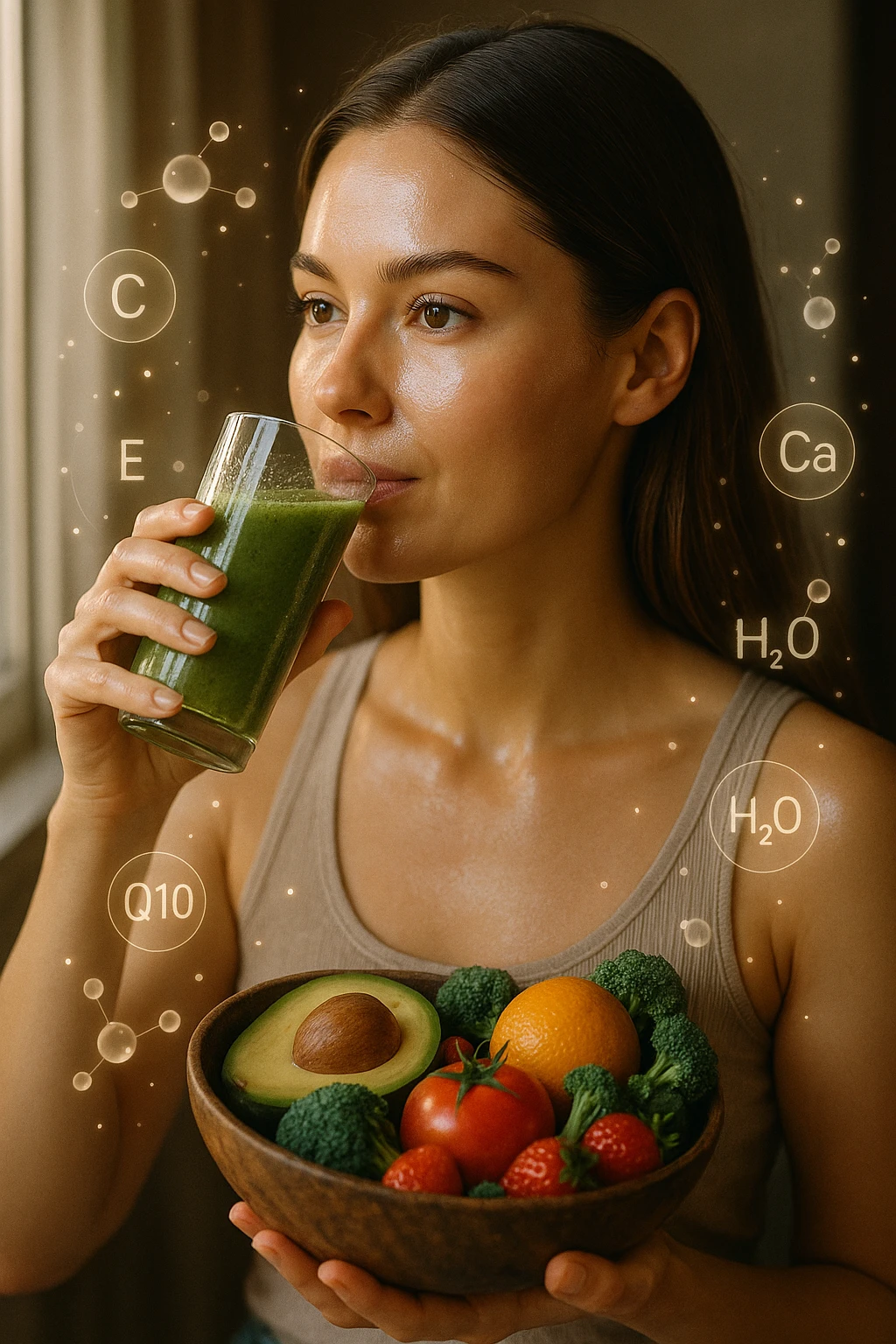 A highly realistic, cinematic portrait of a young woman in her late 20s with glowing, clear, healthy skin and a vibrant scalp with strong, shiny hair, symbolizing internal health reflecting outward. She has a calm, confident expression while sitting by a window with warm daylight softly illuminating her face, highlighting smooth, hydrated skin with a natural glow. Her hair appears clean, full, and strong, indicating a healthy scalp and balanced sebum production. She is drinking a glass of green smoothie rich in antioxidants and holding a bowl of colorful fruits and vegetables, symbolizing how internal nutrition supports skin and scalp health. Subtle, softly glowing overlays of molecular symbols for vitamins, minerals, and hydration molecules gently swirl around her, visually representing the concept of beauty and skin health from the inside out. Style: 35mm hyperrealistic film look, warm tones, soft depth of field, focusing on clear skin texture, healthy scalp, and vibrant hair to inspire holistic wellness emoji