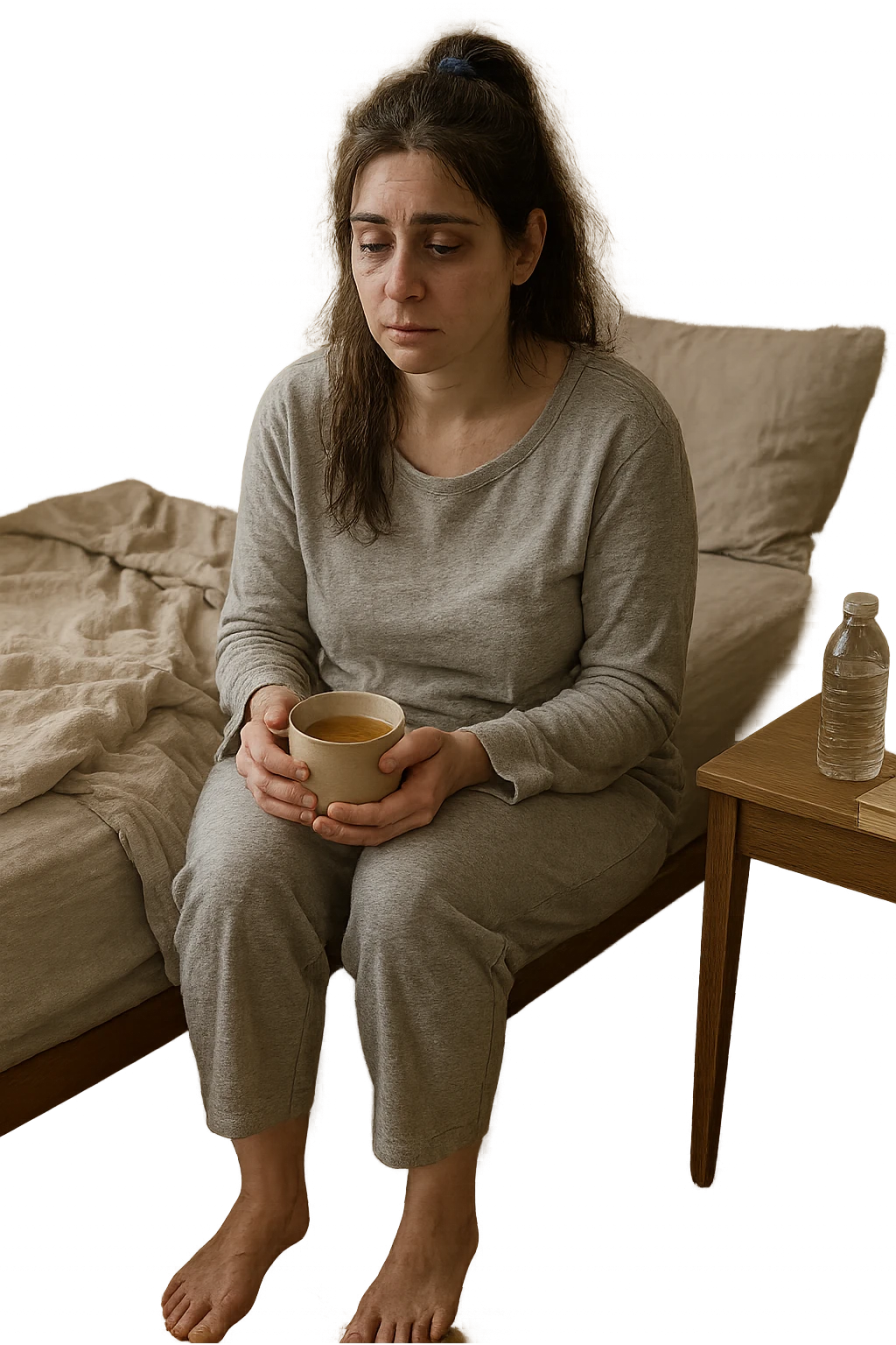 A realistic, cinematic illustration of a woman in her early 30s with a tired, pale appearance, sitting on the edge of her bed in a softly lit bedroom during the morning, looking exhausted and drained. Her posture is slightly slouched, and dark circles are visible under her eyes. She wears comfortable loungewear, holding a warm cup of herbal tea in her hands, seeking comfort. The scene includes a cozy yet slightly messy room with a blanket, a water bottle, and a book on the nightstand, emphasizing chronic fatigue. Soft natural light comes through the window, highlighting her expression of persistent tiredness despite rest, capturing the invisible struggle of chronic fatigue syndrome while maintaining dignity and a gentle aesthetic. emoji