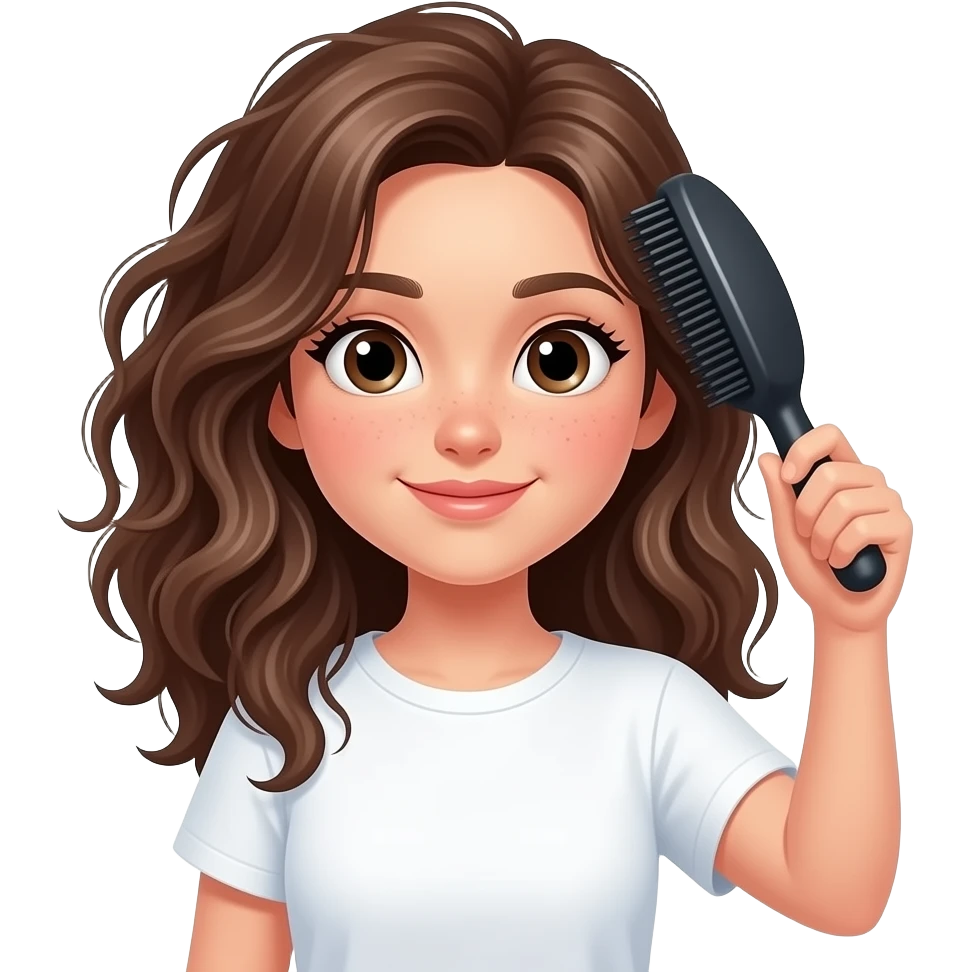 chica emoji estilo apple camiseta blanca con la mitad de su cabello muy muy muy enredado y la otra mitad de su cabello muy liso como si se estuviera peinando pero sin cepillo emoji