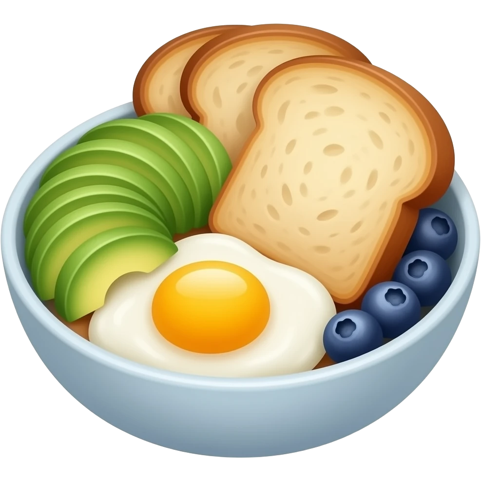 bowl with sunny side eggs avocado blueberries sourdough emoji