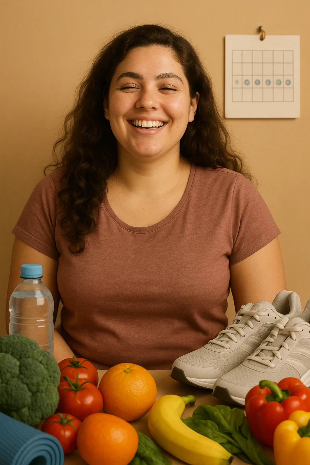 Realistic portrait of a healthy woman with PCOS, happy and relaxed appearance, well-cared skin, thick hair, energetic posture. Nearby, elements evoking a healthy lifestyle: balanced diet, physical activity, hydration, and calendar with serene days. Reduction of premenstrual symptoms. Warm lighting, vertical 2:3, no text. emoji