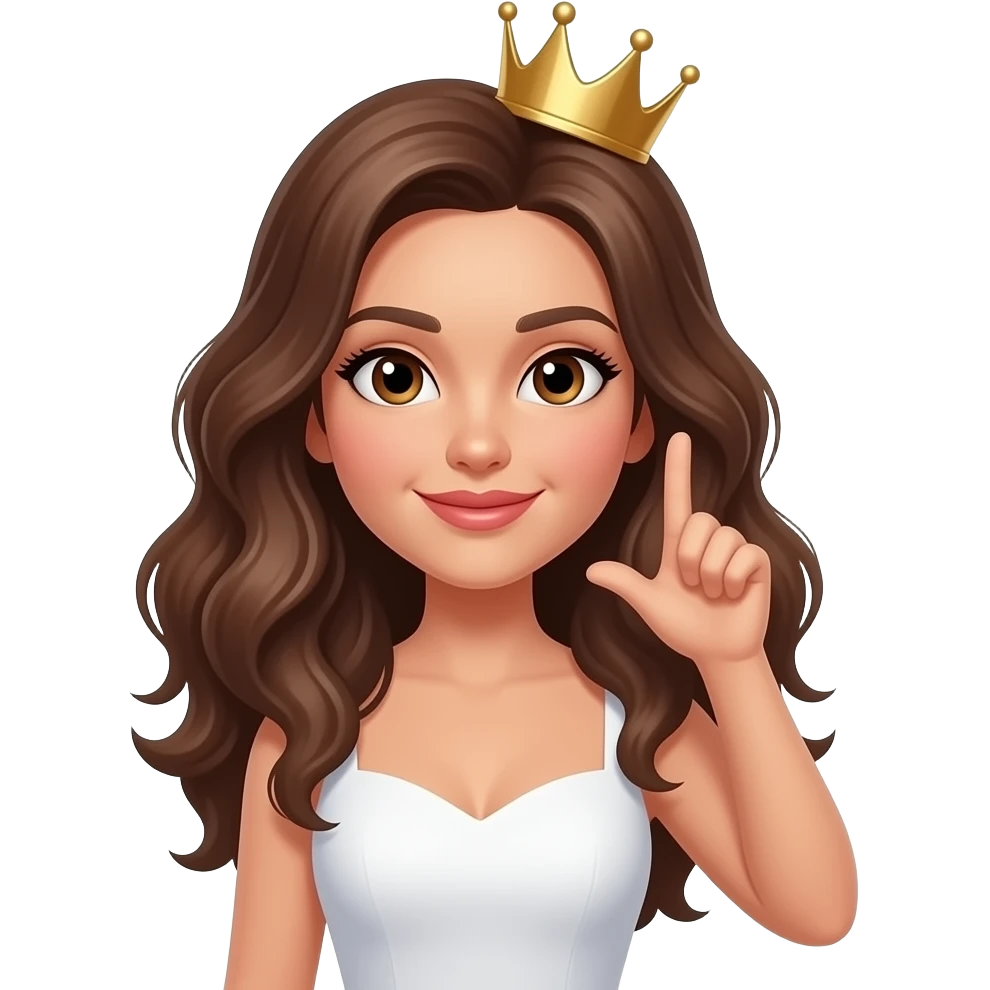 A woman with slightly tanned skin, long, curly brown hair, brown eyes, and a crown on her head, her hand raised  classic as if to signal, like an emoticon on a mobile phone, against a transparent background. and white dress emoji