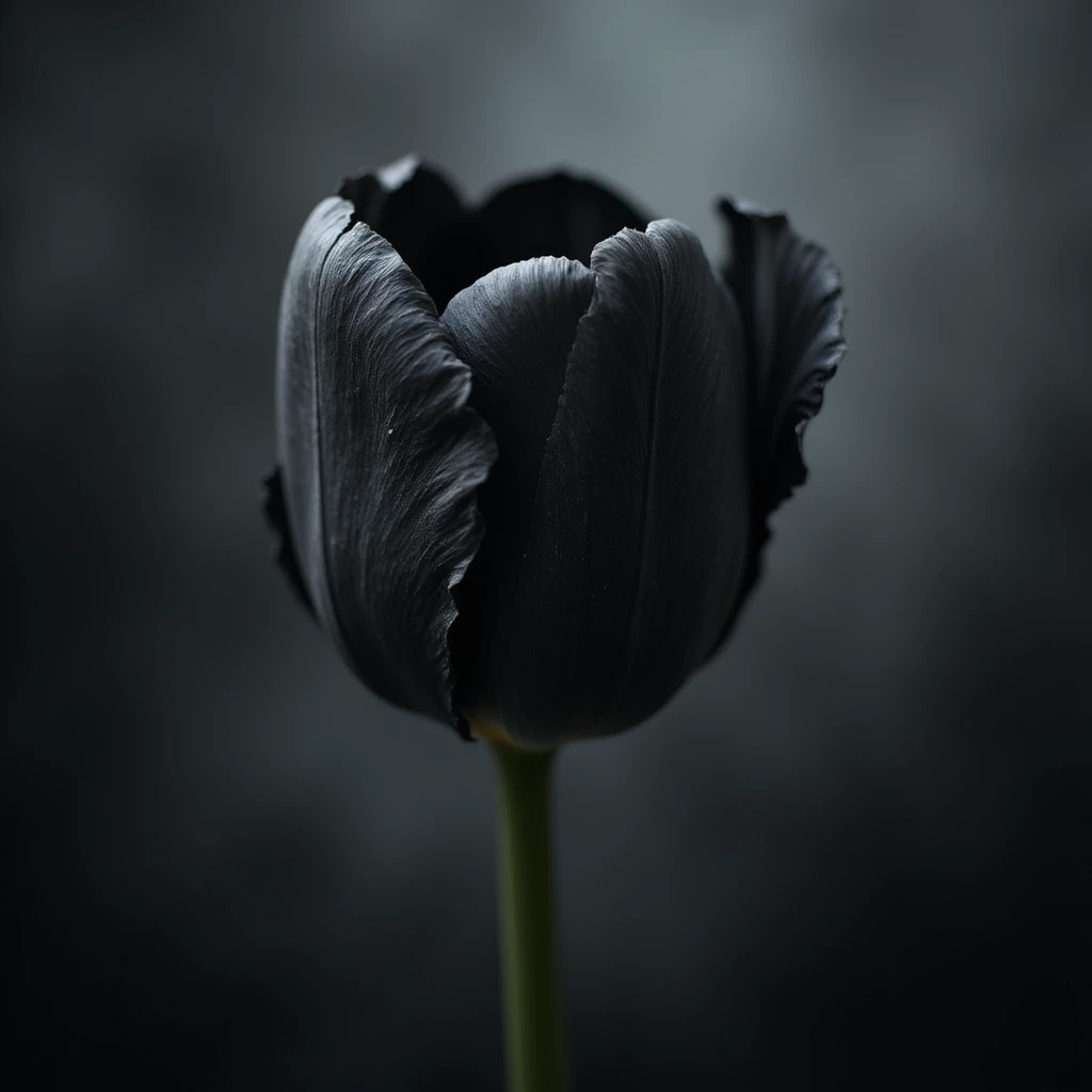 realistic goth tulip with black petals and dark misty background, photorealistic style emoji