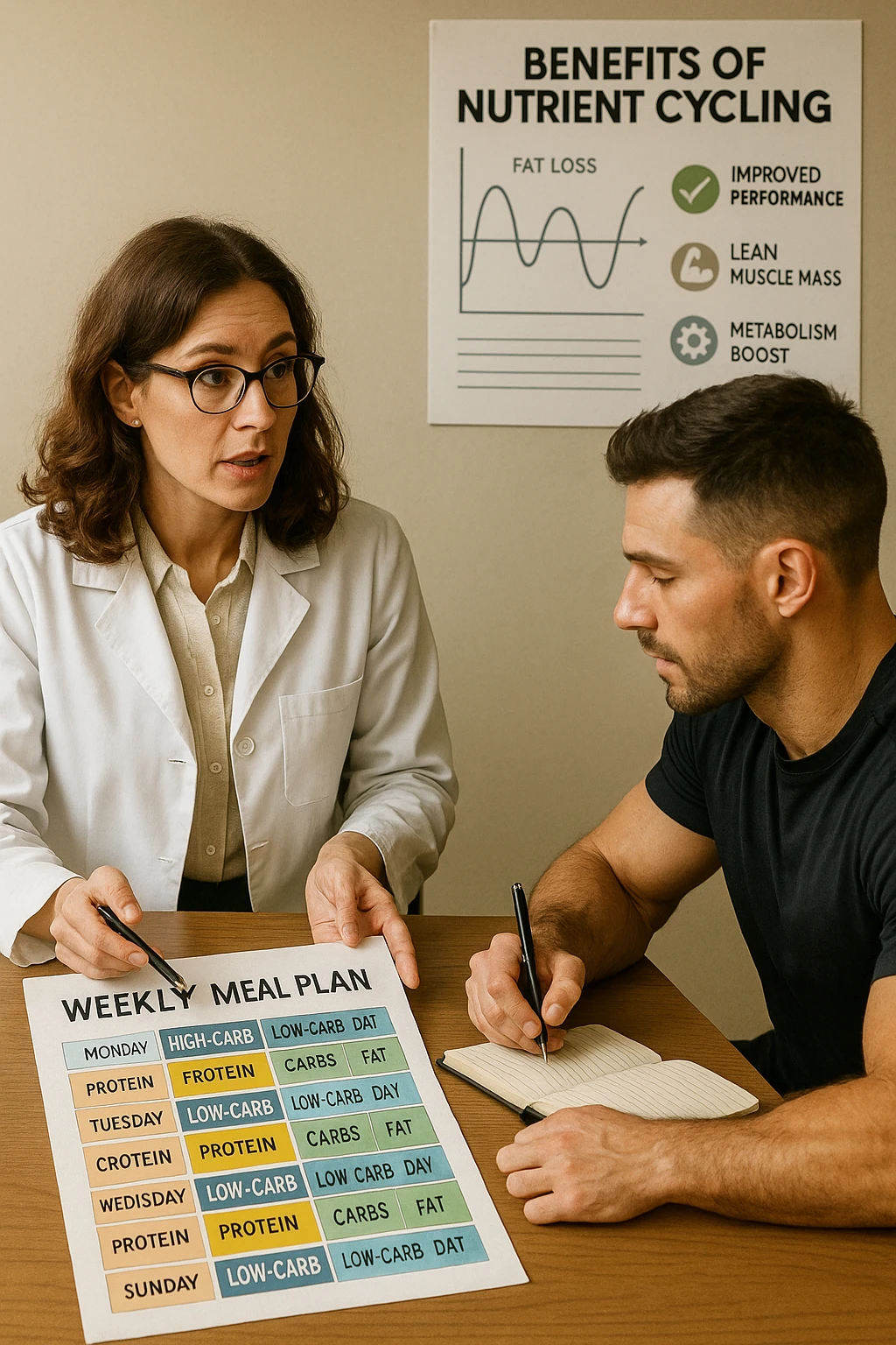 a nutritionist explains to an athlete how to cycle macronutrients for fat loss and training. On the desk, a weekly meal planner shows alternating high-carb and low-carb days, with color-coded sections for proteine, grassi, and carbo. The athlete takes notes, and a chart in the background illustrates the benefits of nutrient cycling. The mood is professional and educational. scritto in italiano emoji
