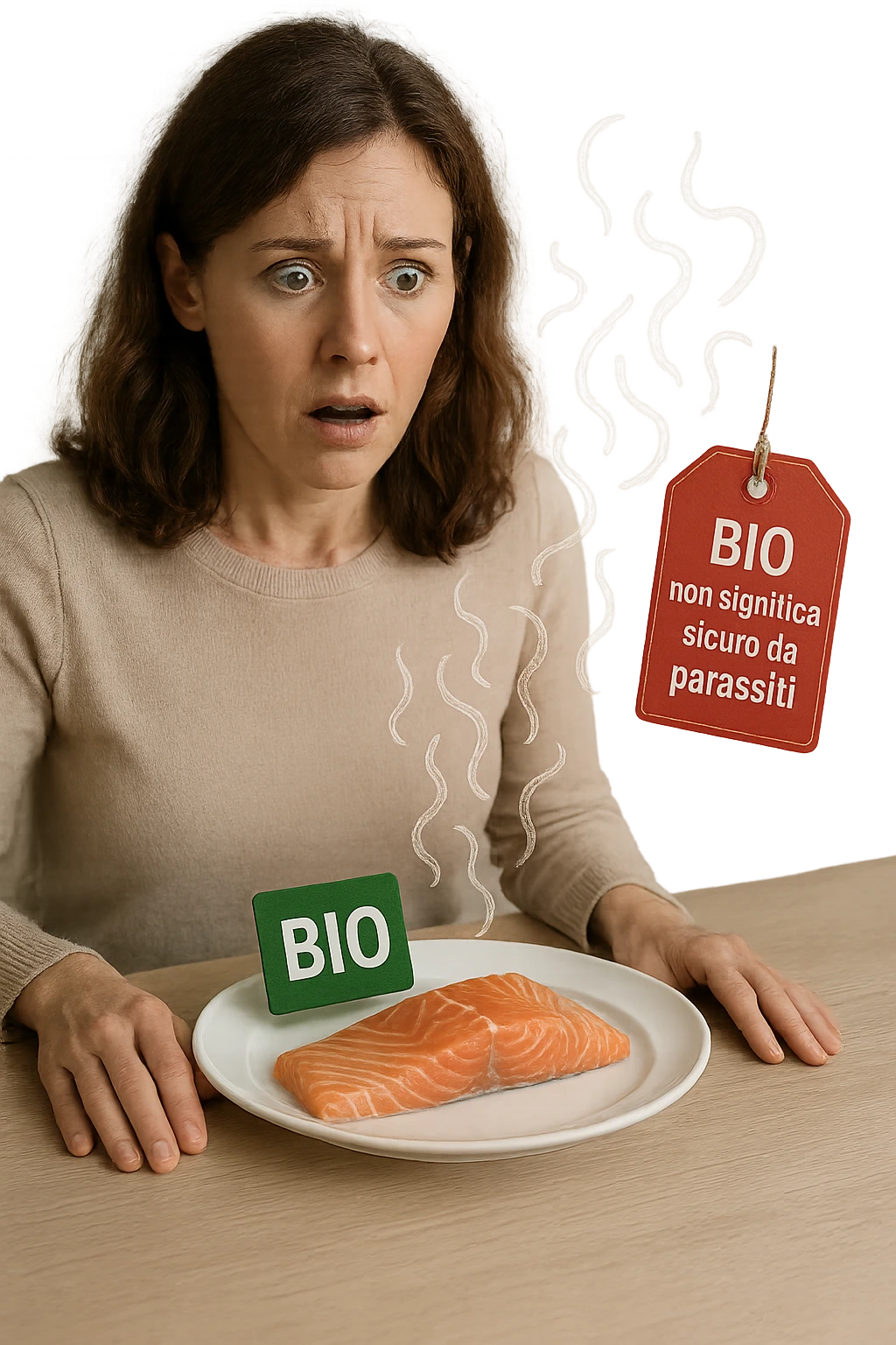 Donna tra i 30 e i 40 anni, seduta a tavola con espressione sorpresa e preoccupata mentre guarda un piatto elegante di salmone crudo etichettato 'BIO'. In trasparenza sopra il salmone si vedono parassiti intestinali stilizzati, come larve o vermi sottili, fluttuanti nell’aria. Accanto al piatto, una scritta fluttuante in stile etichetta rossa avverte: 'BIO non significa sicuro da parassiti'. Atmosfera visivamente pulita ma con tensione sottile, colori realistici con accento sul contrasto tra immagine 'salutare' e minaccia invisibile emoji
