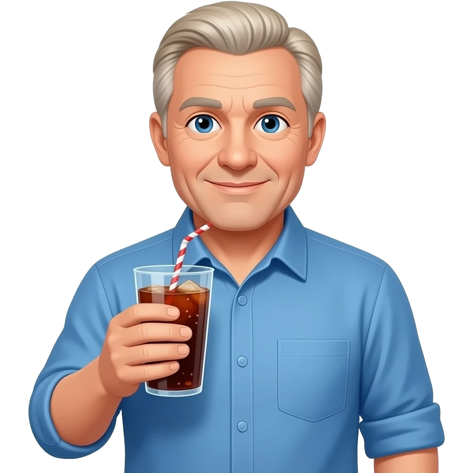 show me a pale white man in his 60s in a blue button down shirt-- clean shaven -with blond salt and pepper hair holding a cup of soda -- make him not as attractive emoji